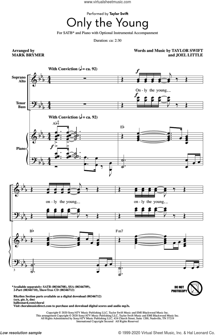 Only The Young (arr. Mark Brymer) sheet music for choir (SATB: soprano, alto, tenor, bass) by Taylor Swift, Mark Brymer and Joel Little, intermediate skill level