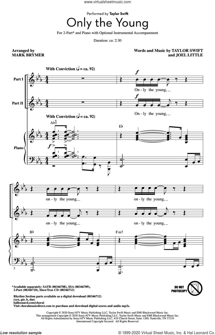 Only The Young (arr. Mark Brymer) sheet music for choir (2-Part) by Taylor Swift, Mark Brymer and Joel Little, intermediate duet