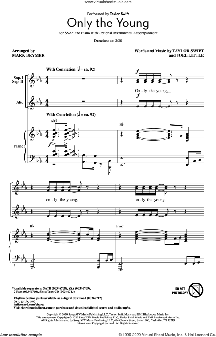 Only The Young (arr. Mark Brymer) sheet music for choir (SSA: soprano, alto) by Taylor Swift, Mark Brymer and Joel Little, intermediate skill level