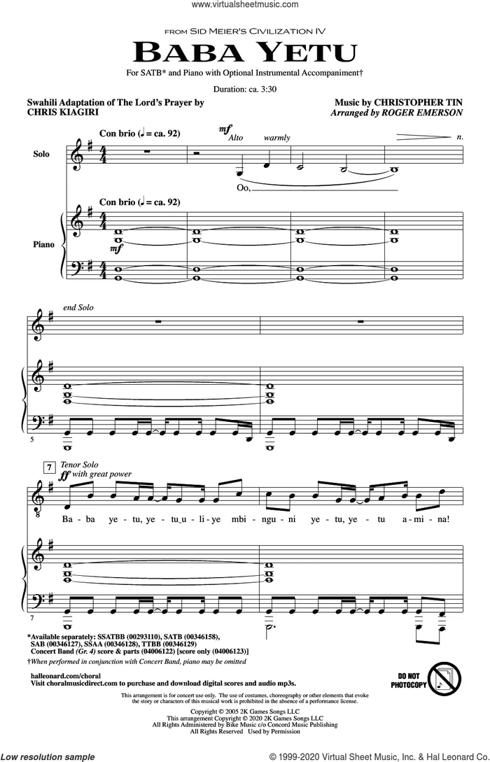 Baba Yetu (from Civilization IV) (arr. Roger Emerson) sheet music for choir (SATB: soprano, alto, tenor, bass) by Christopher Tin and Roger Emerson, intermediate skill level