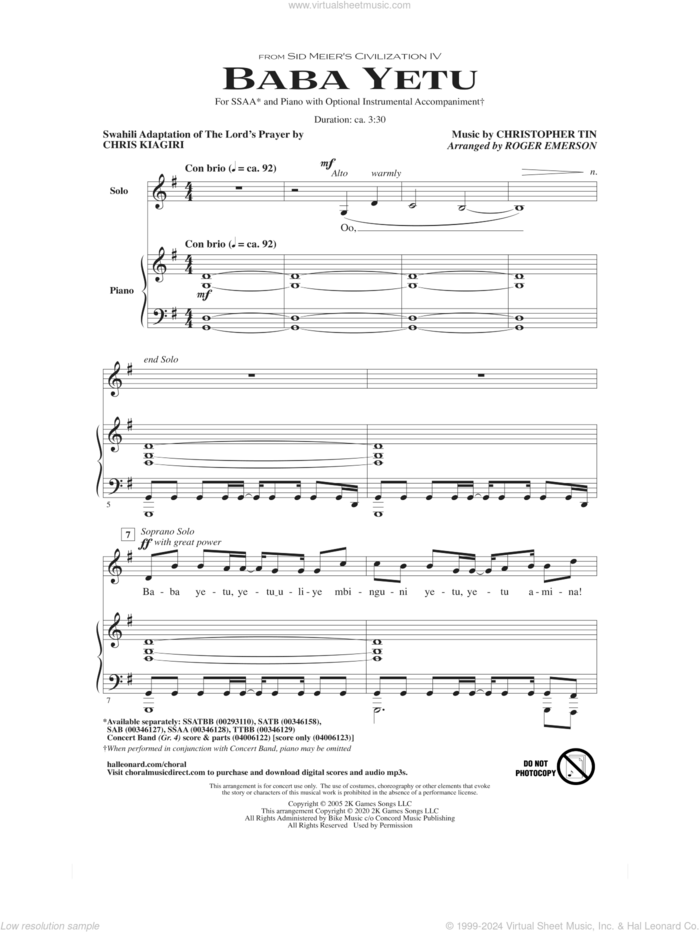 Baba Yetu (from Civilization IV) (arr. Roger Emerson) sheet music for choir (SSA: soprano, alto) by Christopher Tin and Roger Emerson, intermediate skill level