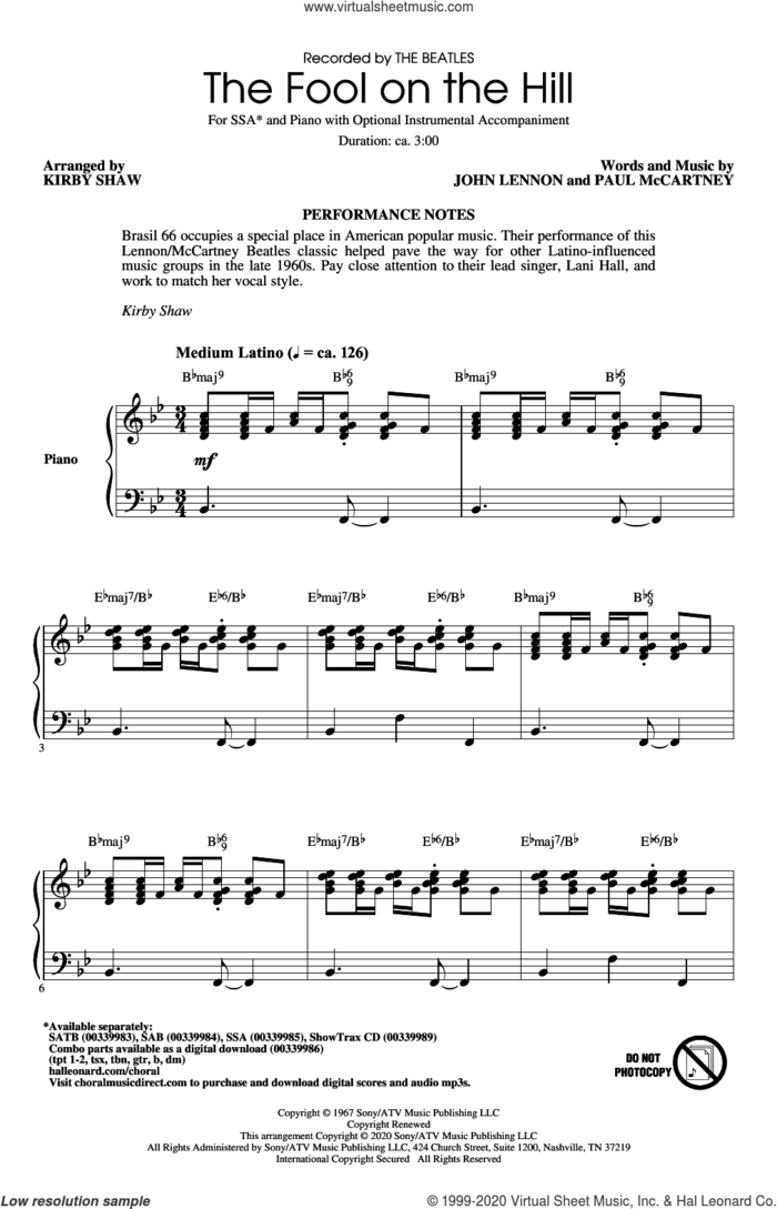The Fool On The Hill (arr. Kirby Shaw) sheet music for choir (SSA: soprano, alto) by The Beatles, Kirby Shaw, John Lennon and Paul McCartney, intermediate skill level