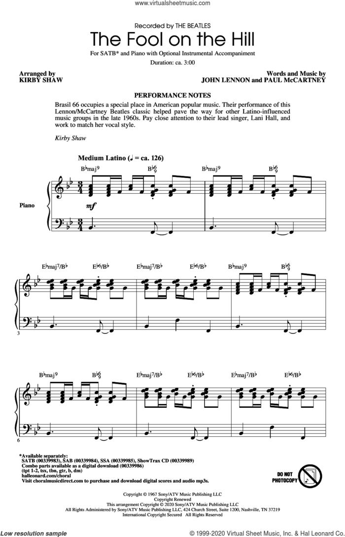 The Fool On The Hill (arr. Kirby Shaw) sheet music for choir (SATB: soprano, alto, tenor, bass) by The Beatles, Kirby Shaw, John Lennon and Paul McCartney, intermediate skill level