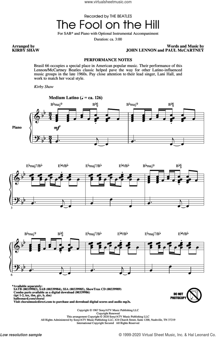 The Fool On The Hill (arr. Kirby Shaw) sheet music for choir (SAB: soprano, alto, bass) by The Beatles, Kirby Shaw, John Lennon and Paul McCartney, intermediate skill level