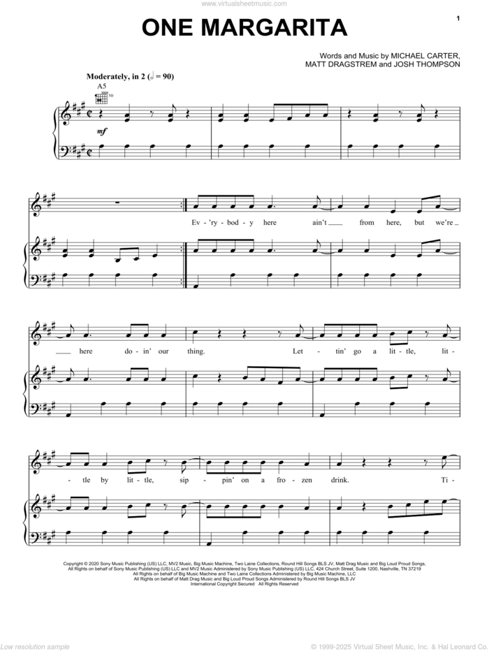 One Margarita sheet music for voice, piano or guitar by Luke Bryan, Josh Thompson, Matt Dragstrem and Michael Carter, intermediate skill level