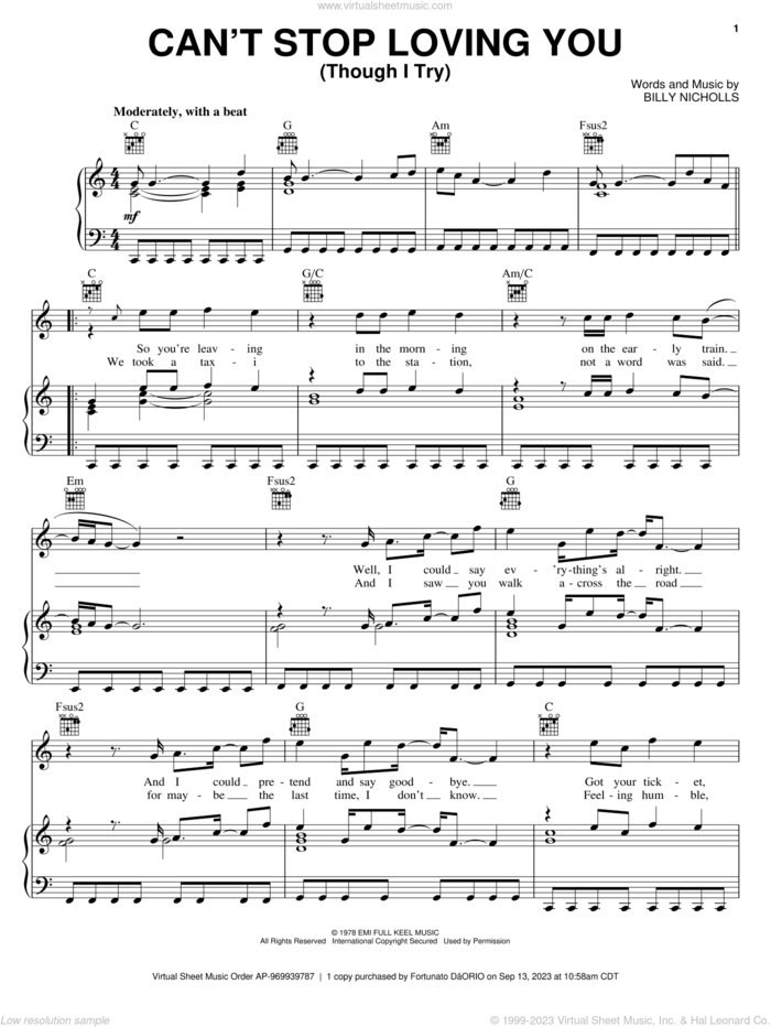 Can't Stop Loving You (Though I Try) sheet music for voice, piano or guitar by Phil Collins, Keith Urban, Leo Sayer and Billy Nicholls, intermediate skill level