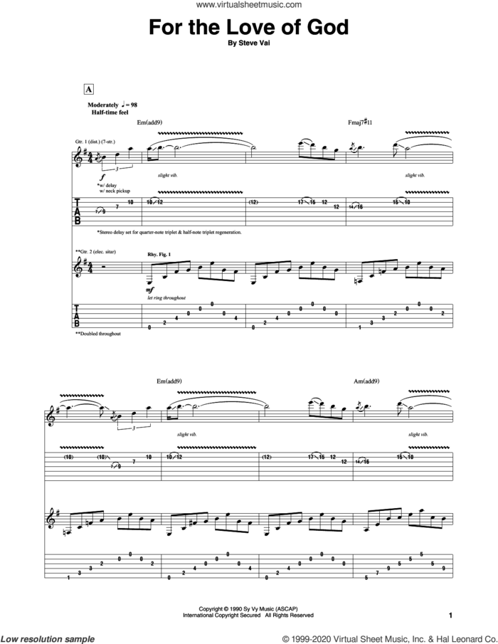 For The Love Of God sheet music for guitar (tablature) by Steve Vai, intermediate skill level