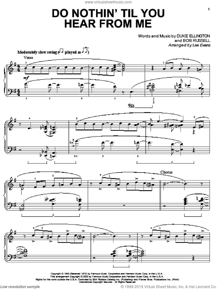 Do Nothin' Till You Hear From Me sheet music for piano solo by Duke Ellington, Lee Evans and Bob Russell, intermediate skill level