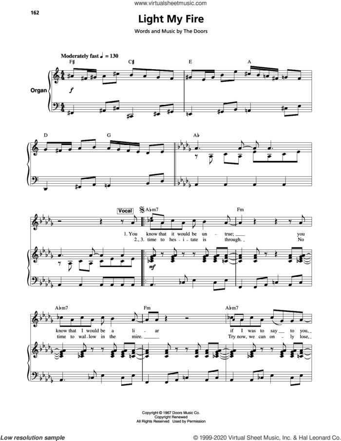 Light My Fire sheet music for keyboard or piano by The Doors, Jim Morrison, John Densmore, Ray Manzarek and Robby Krieger, intermediate skill level