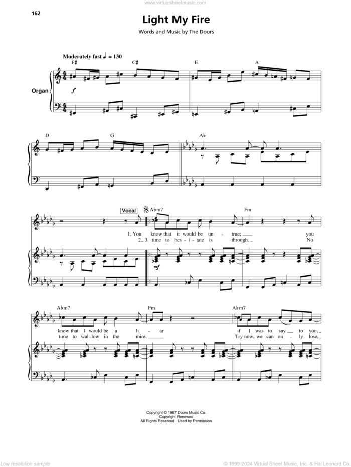 Light My Fire sheet music for keyboard or piano by The Doors, Jim Morrison, John Densmore, Ray Manzarek and Robby Krieger, intermediate skill level