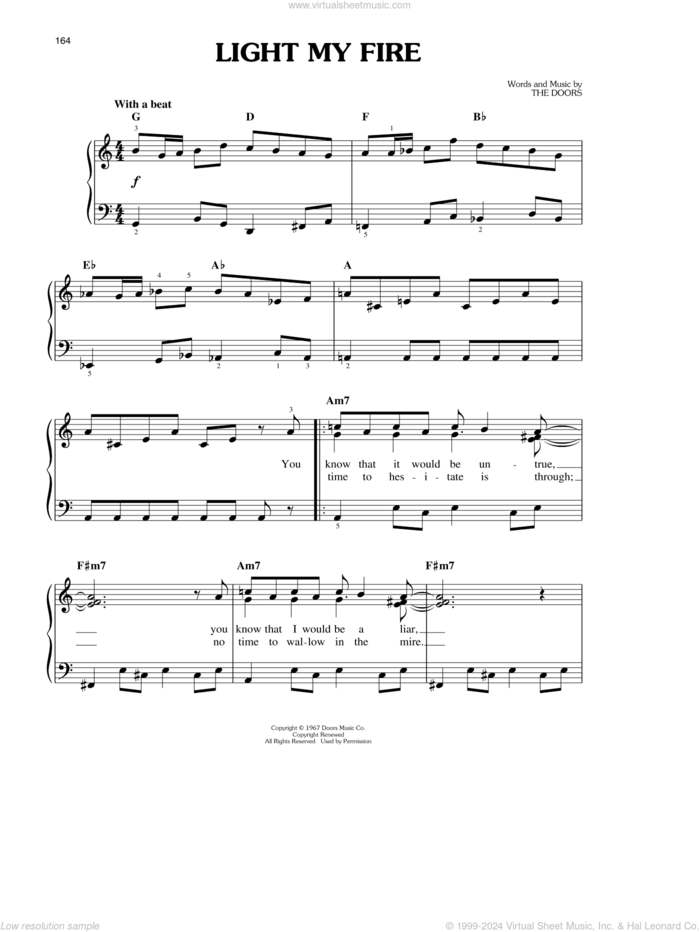 Light My Fire, (easy) sheet music for piano solo by The Doors, Jim Morrison, John Densmore, Ray Manzarek and Robby Krieger, easy skill level