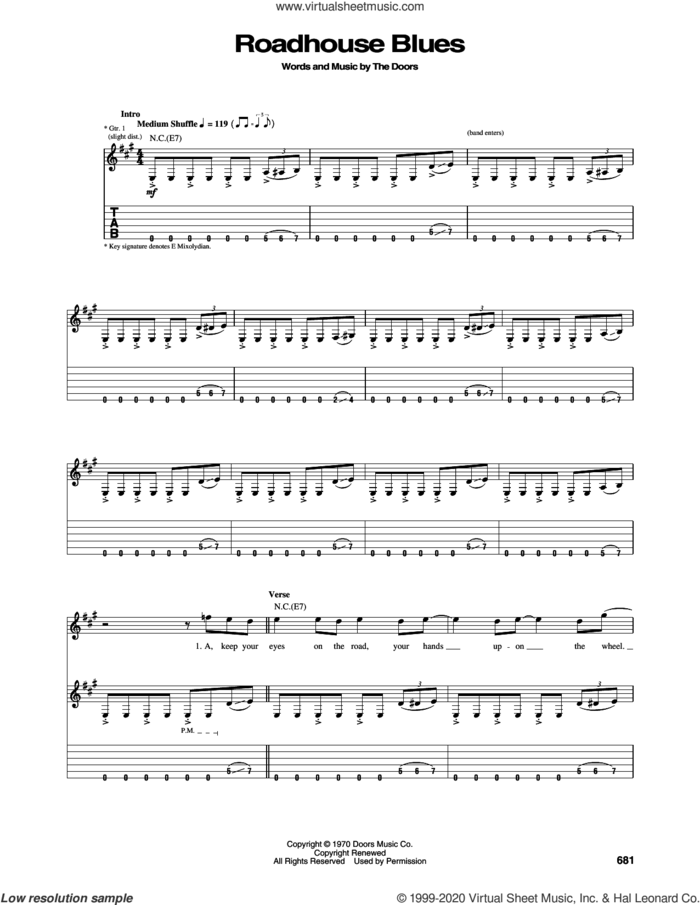 Roadhouse Blues sheet music for guitar (tablature) by The Doors, Jim Morrison, John Densmore, Ray Manzarek and Robby Krieger, intermediate skill level
