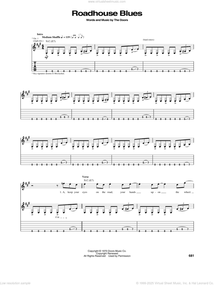 Roadhouse Blues sheet music for guitar (tablature) by The Doors, Jim Morrison, John Densmore, Ray Manzarek and Robby Krieger, intermediate skill level