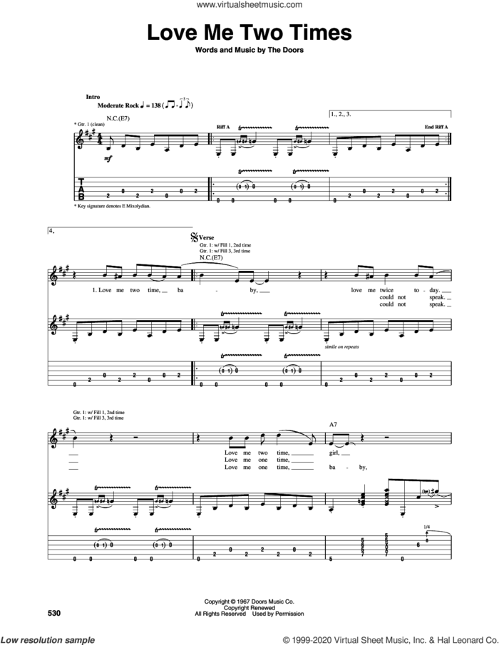 Love Me Two Times sheet music for guitar (tablature) by The Doors, Jim Morrison, John Densmore, Ray Manzarek and Robby Krieger, intermediate skill level