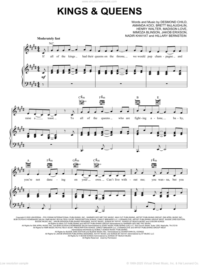 Kings and Queens sheet music for voice, piano or guitar by Ava Max, Amanda Koci, Brett McLaughlin, Desmond Child, Henry Walter, Hillary Bernstein, Jakob Erixon, Madison Love, Mimoza Flinsson and Nadir Khayat, intermediate skill level