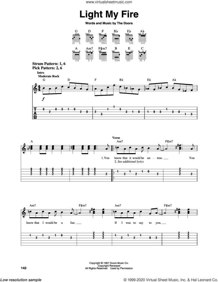 Light My Fire sheet music for guitar solo (easy tablature) by The Doors, Jim Morrison, John Densmore, Ray Manzarek and Robby Krieger, easy guitar (easy tablature)