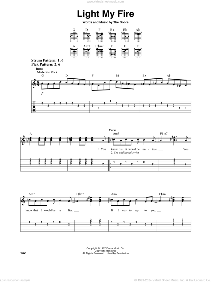 Light My Fire sheet music for guitar solo (easy tablature) by The Doors, Jim Morrison, John Densmore, Ray Manzarek and Robby Krieger, easy guitar (easy tablature)