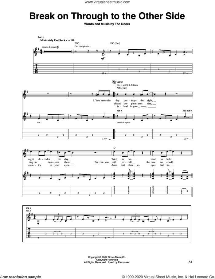 Break On Through To The Other Side sheet music for guitar (tablature) by The Doors, Jim Morrison, John Densmore, Ray Manzarek and Robby Krieger, intermediate skill level
