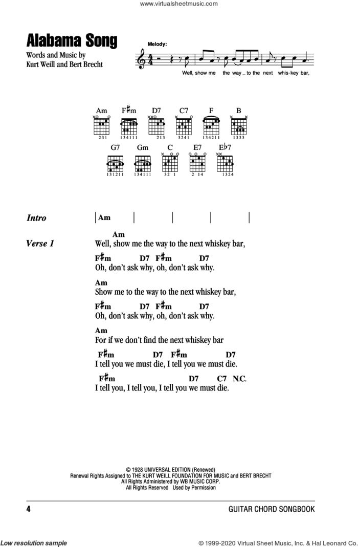 Alabama Song sheet music for guitar (chords) by The Doors, Bertolt Brecht and Kurt Weill, intermediate skill level
