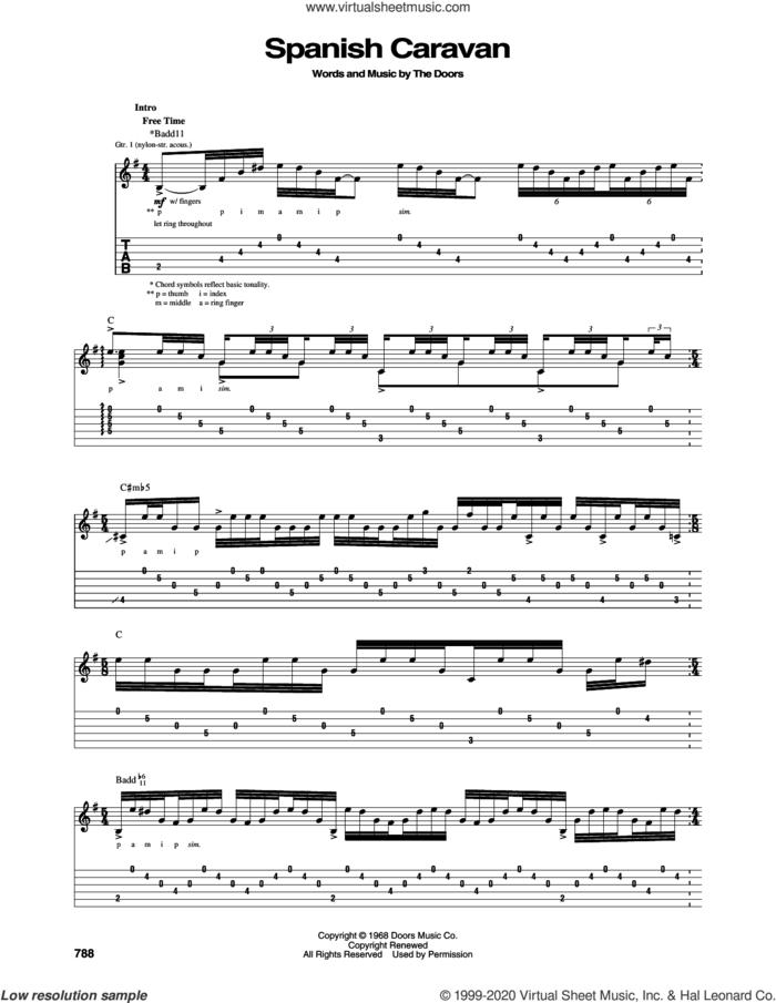Spanish Caravan sheet music for guitar (tablature) by The Doors, Jim Morrison, John Densmore, Ray Manzarek and Robby Krieger, intermediate skill level