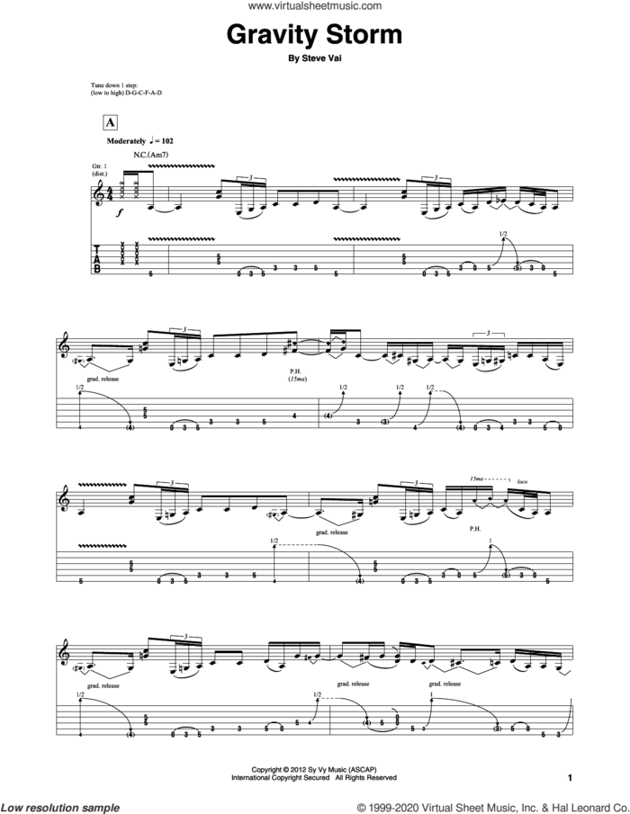 Gravity Storm sheet music for guitar (tablature) by Steve Vai, intermediate skill level