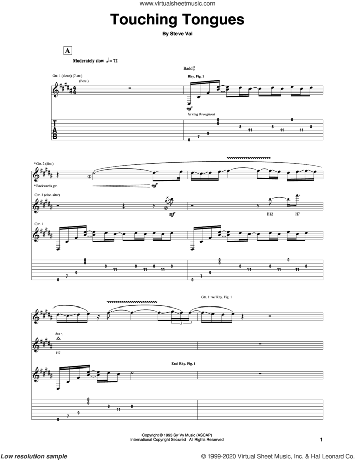 Touching Tongues sheet music for guitar (tablature) by Steve Vai, intermediate skill level