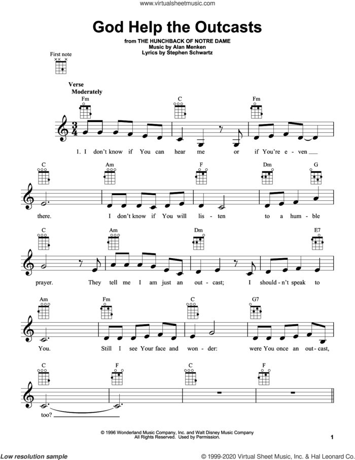 God Help The Outcasts (from The Hunchback Of Notre Dame) sheet music for ukulele by Alan Menken, Bette Midler and Stephen Schwartz, intermediate skill level