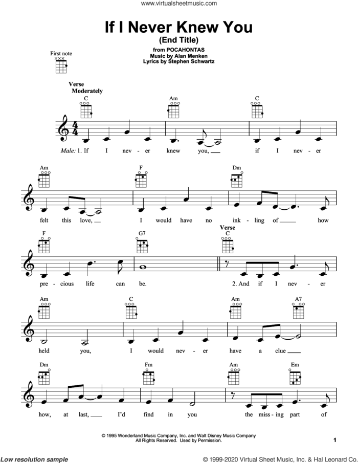 If I Never Knew You (End Title) (from Pocahontas) sheet music for ukulele by Alan Menken, Jon Secada and Shanice and Stephen Schwartz, intermediate skill level