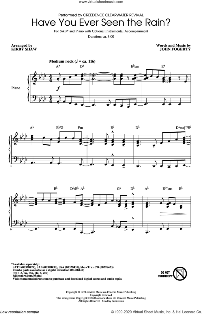 Have You Ever Seen The Rain? (arr. Kirby Shaw) sheet music for choir (SAB: soprano, alto, bass) by Creedence Clearwater Revival, Kirby Shaw and John Fogerty, intermediate skill level