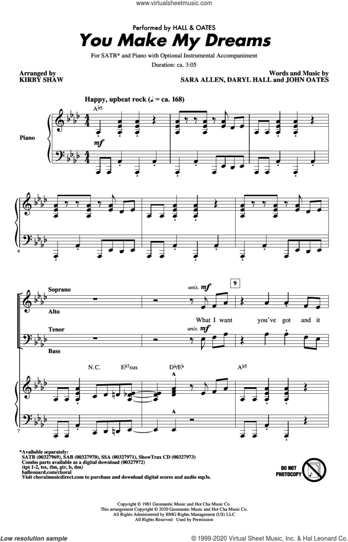 You Make My Dreams (arr. Kirby Shaw) sheet music for choir (SATB: soprano, alto, tenor, bass) by Daryl Hall, Kirby Shaw, Hall and Oates, John Oates and Sara Allen, intermediate skill level