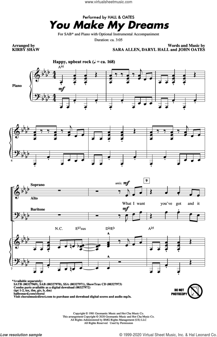 You Make My Dreams (arr. Kirby Shaw) sheet music for choir (SAB: soprano, alto, bass) by Daryl Hall, Kirby Shaw, Hall and Oates, John Oates and Sara Allen, intermediate skill level