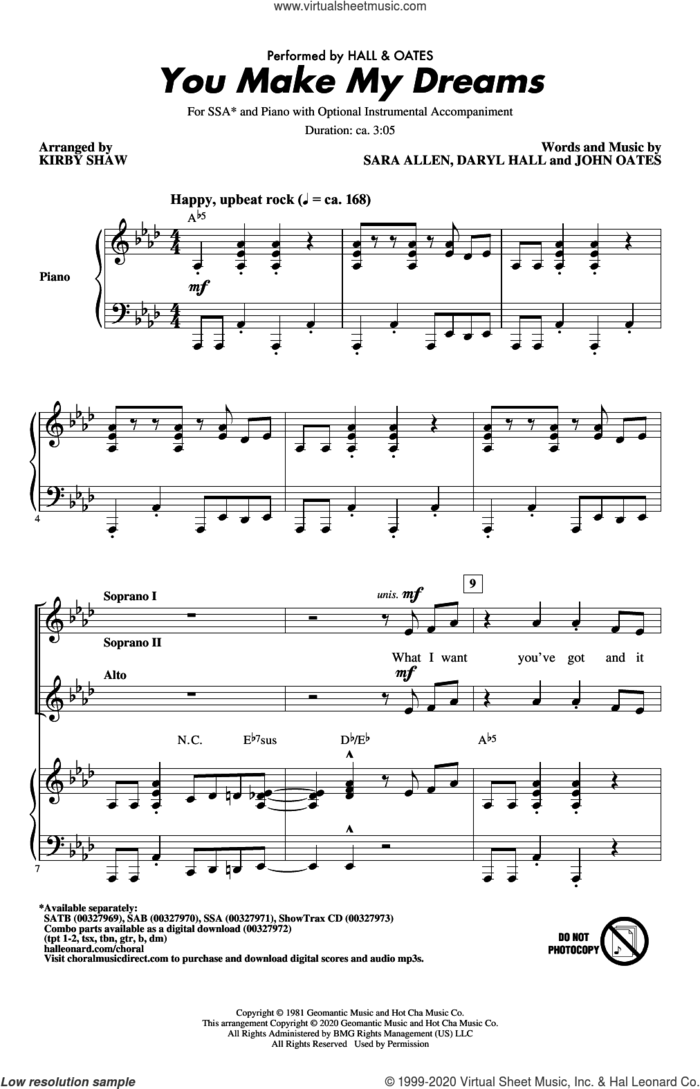You Make My Dreams (arr. Kirby Shaw) sheet music for choir (SSA: soprano, alto) by Hall and Oates, Kirby Shaw, Daryl Hall, John Oates and Sara Allen, intermediate skill level