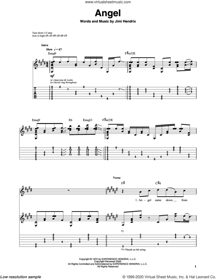 Angel sheet music for guitar (tablature, play-along) by Jimi Hendrix, intermediate skill level