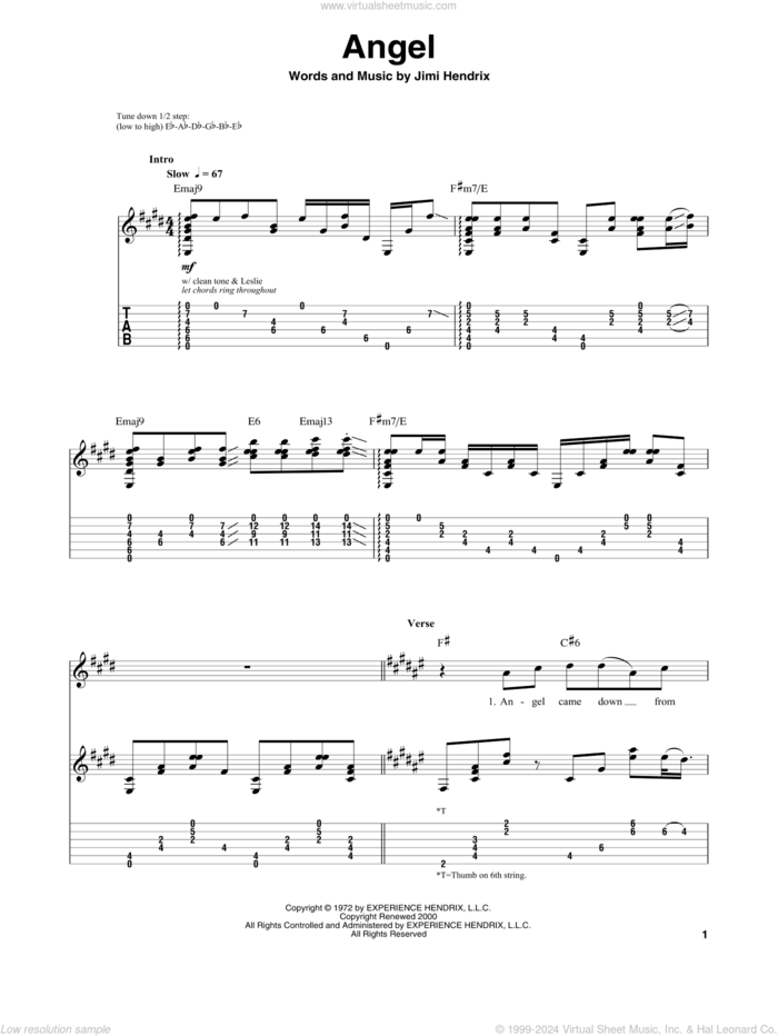 Angel sheet music for guitar (tablature, play-along) by Jimi Hendrix, intermediate skill level