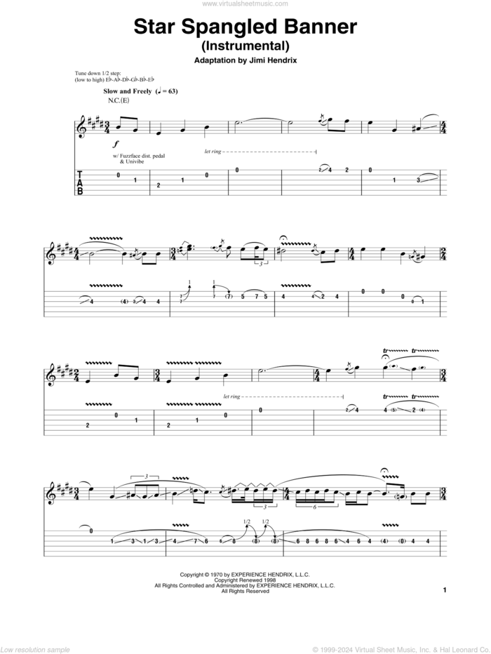 Star Spangled Banner (Instrumental) sheet music for guitar (tablature, play-along) by Jimi Hendrix, intermediate skill level