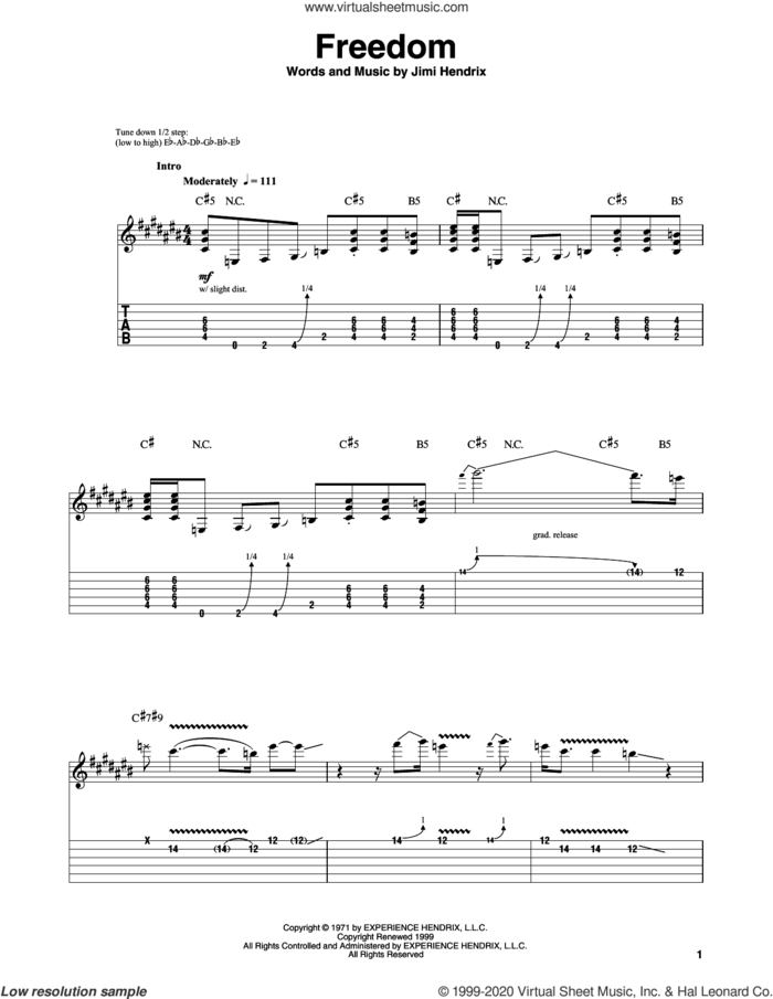 Freedom sheet music for guitar (tablature, play-along) by Jimi Hendrix, intermediate skill level