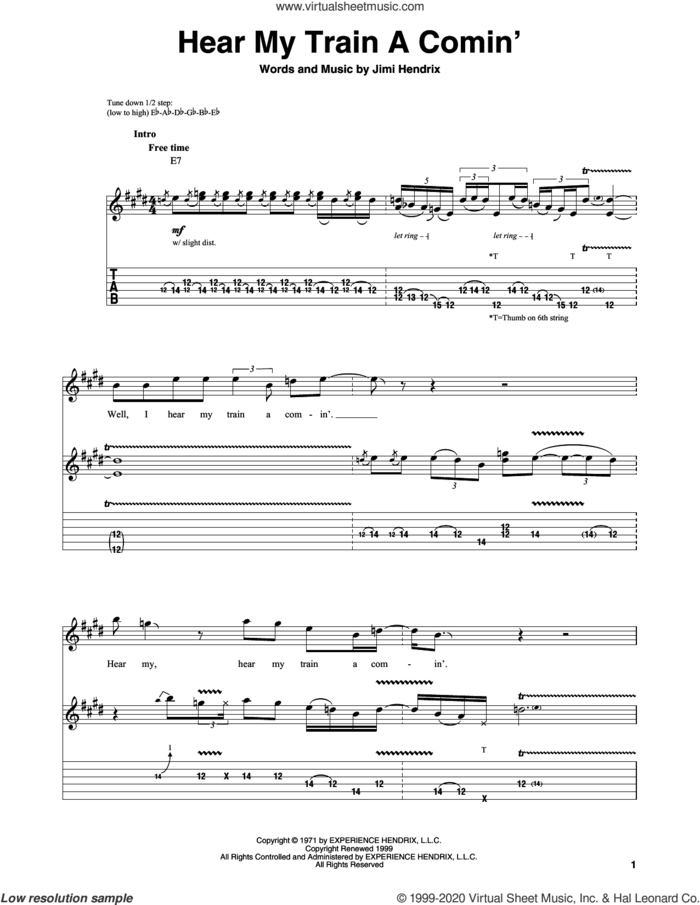 Hear My Train A Comin' sheet music for guitar (tablature, play-along) by Jimi Hendrix, intermediate skill level
