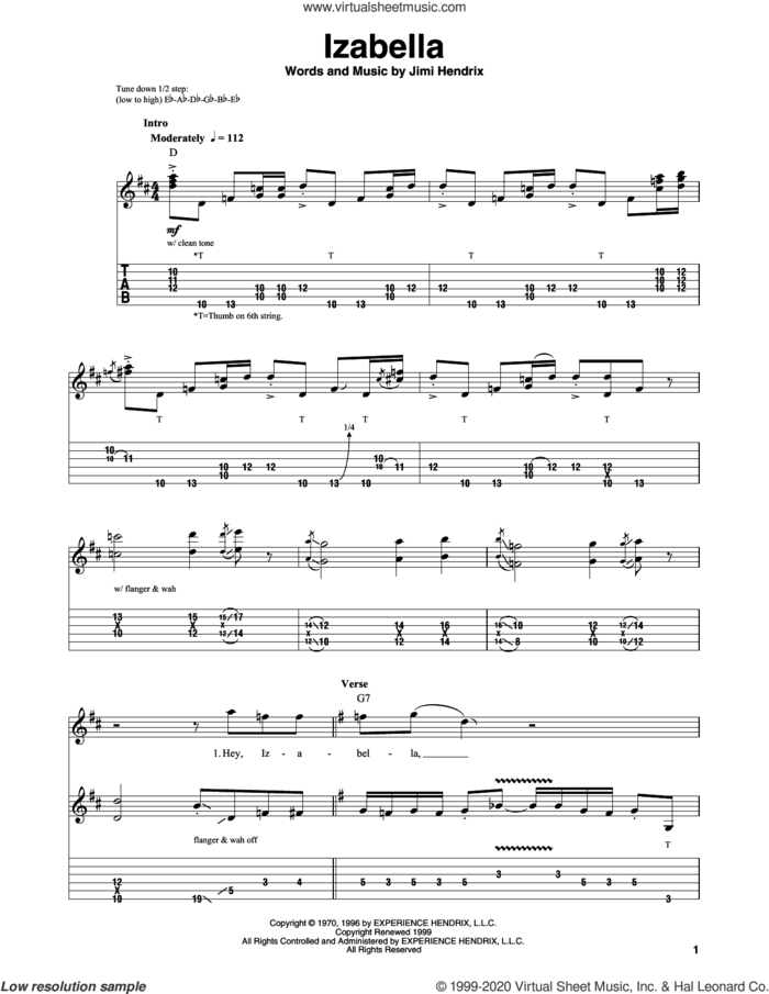 Izabella sheet music for guitar (tablature, play-along) by Jimi Hendrix, intermediate skill level
