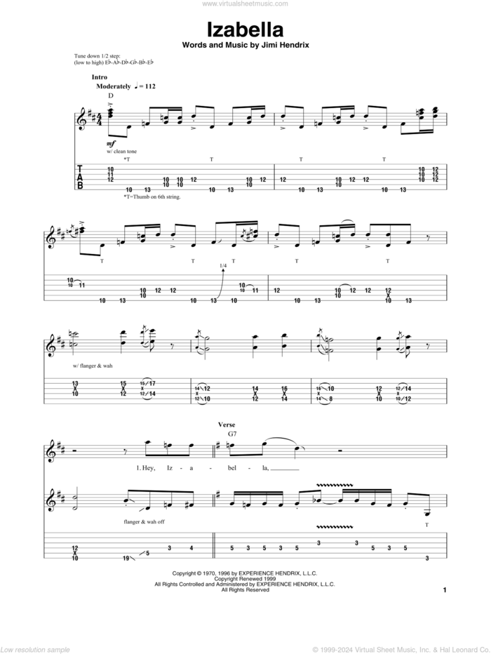 Izabella sheet music for guitar (tablature, play-along) by Jimi Hendrix, intermediate skill level