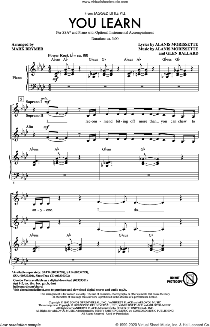 You Learn (from Jagged Little Pill) (arr. Mark Brymer) sheet music for choir (SSA: soprano, alto) by Alanis Morissette, Mark Brymer and Glen Ballard, intermediate skill level