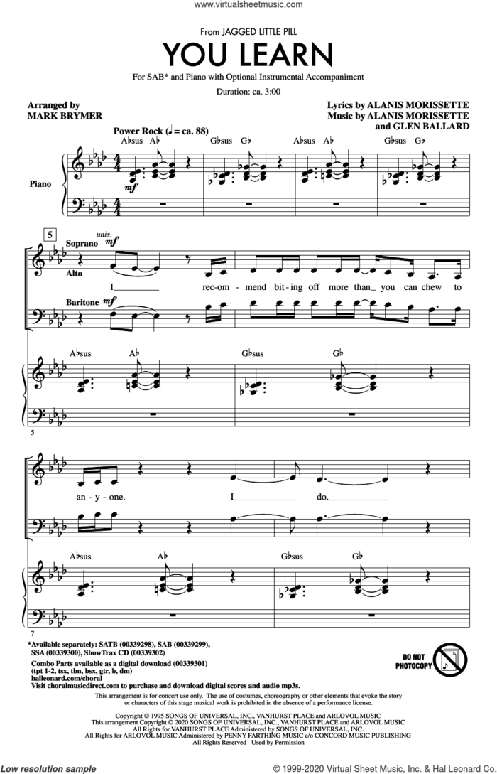 You Learn (from Jagged Little Pill) (arr. Mark Brymer) sheet music for choir (SAB: soprano, alto, bass) by Alanis Morissette, Mark Brymer and Glen Ballard, intermediate skill level