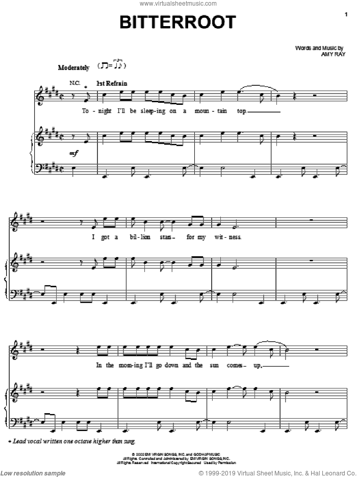Bitterroot sheet music for voice, piano or guitar by Indigo Girls and Amy Ray, intermediate skill level