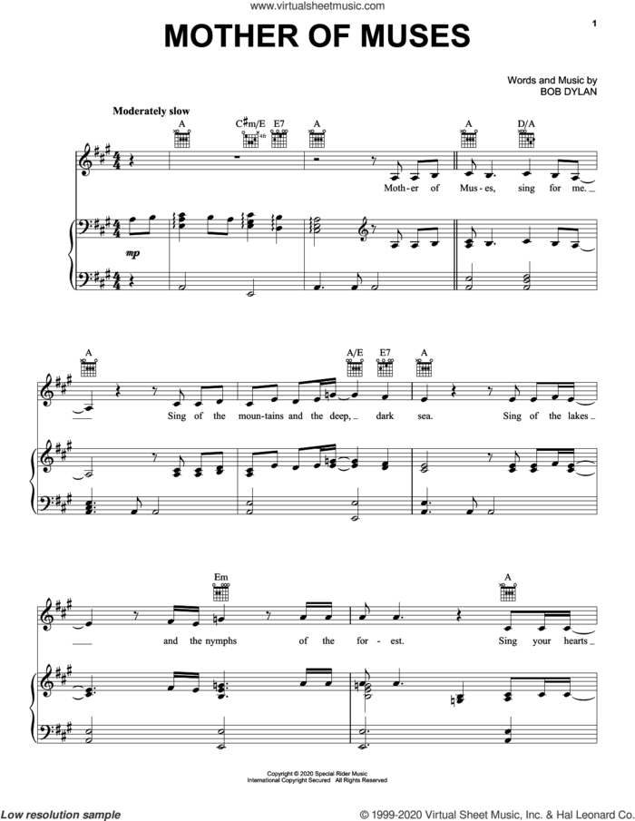 Mother Of Muses sheet music for voice, piano or guitar by Bob Dylan, intermediate skill level