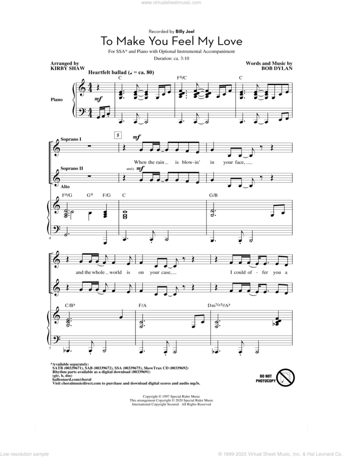 To Make You Feel My Love (arr. Kirby Shaw) sheet music for choir (SSA: soprano, alto) by Billy Joel, Kirby Shaw and Bob Dylan, wedding score, intermediate skill level