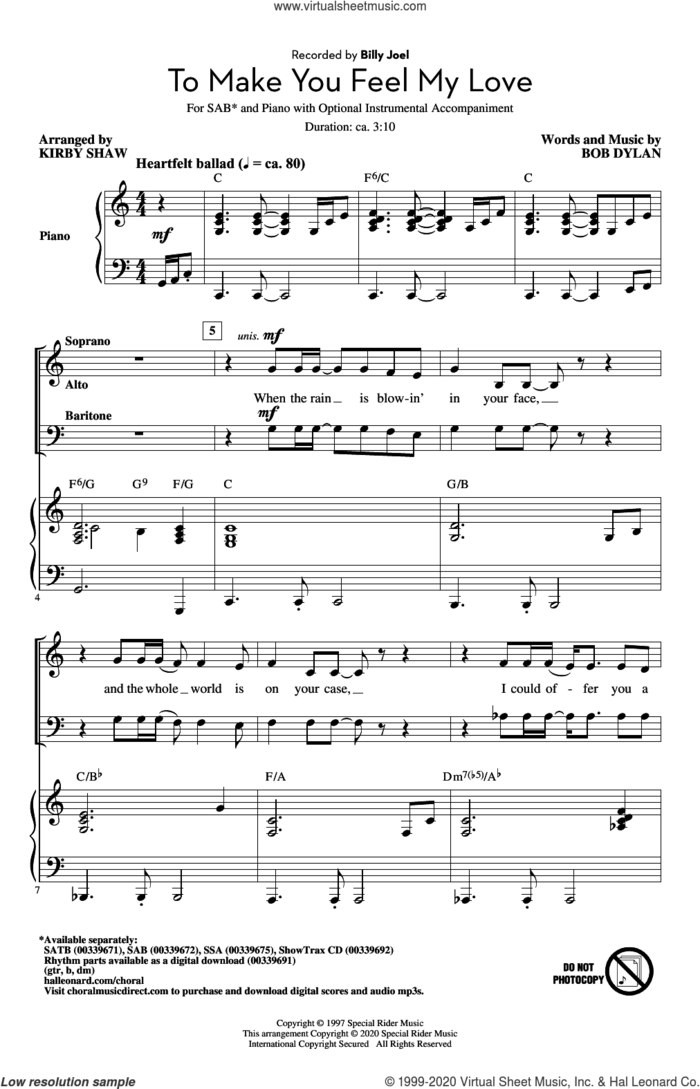 To Make You Feel My Love (arr. Kirby Shaw) sheet music for choir (SAB: soprano, alto, bass) by Billy Joel, Kirby Shaw and Bob Dylan, wedding score, intermediate skill level