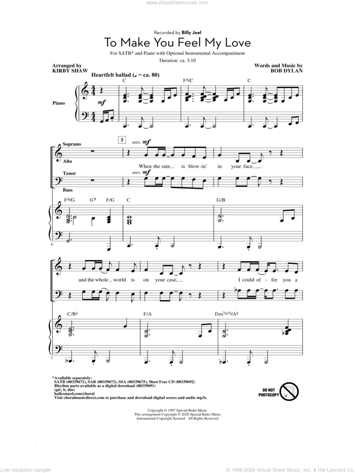 To Make You Feel My Love (arr. Kirby Shaw) sheet music for choir (SATB: soprano, alto, tenor, bass) by Billy Joel, Kirby Shaw and Bob Dylan, wedding score, intermediate skill level