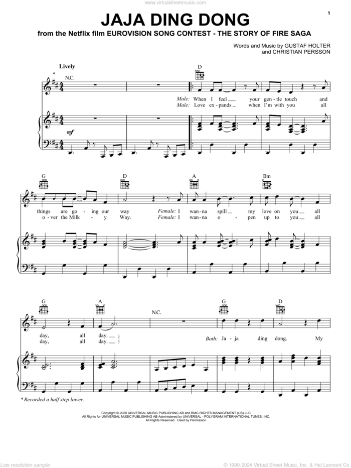 Jaja Ding Dong (from Eurovision Song Contest: The Story of Fire Saga) sheet music for voice, piano or guitar by Will Ferrell & My Marianne, Christian Persson and Gustaf Holter, intermediate skill level