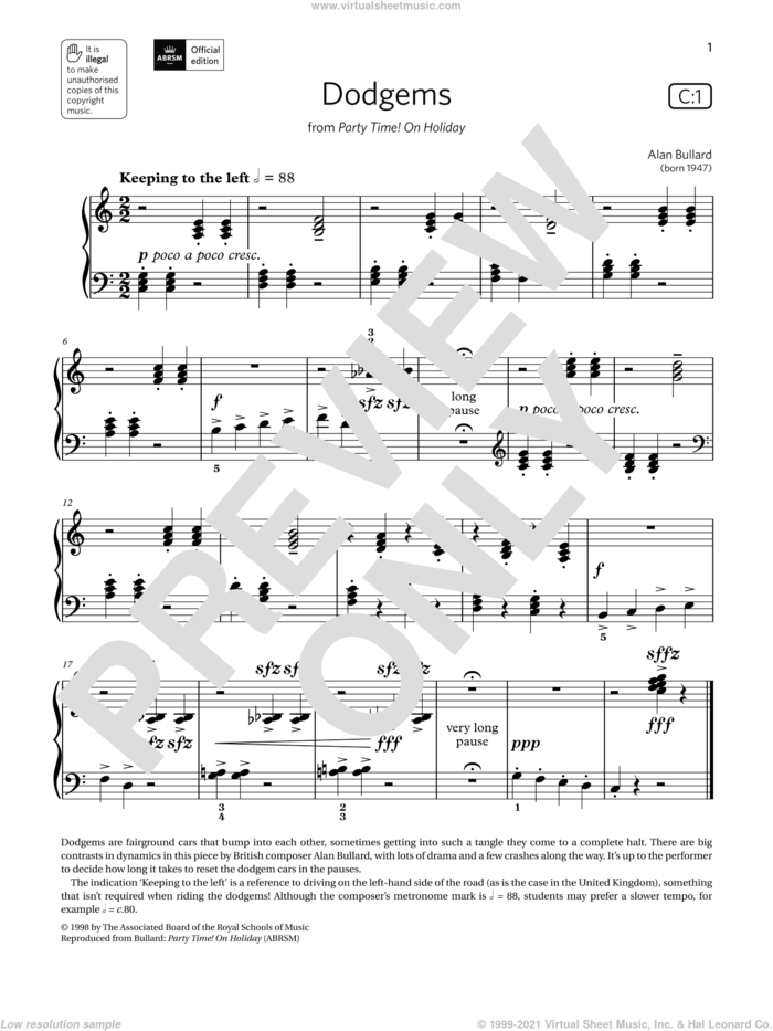 Dodgems (Grade Initial, list C1, from the ABRSM Piano Syllabus 2021 and 2022) sheet music for piano solo by Alan Bullard, classical score, intermediate skill level