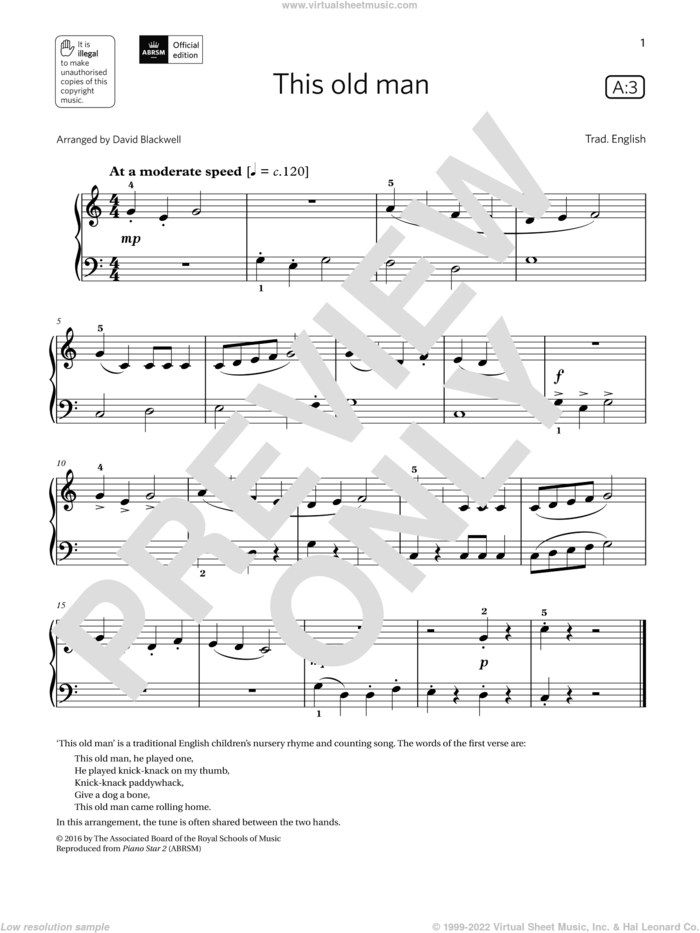 This old man (Grade Initial, list A3, from the ABRSM Piano Syllabus 2021 and 2022) sheet music for piano solo by Trad. English and David Blackwell, classical score, intermediate skill level