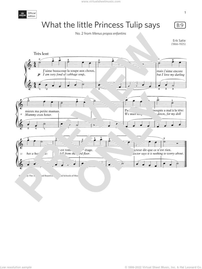 What the Little Princess Tulip Says (Grade Initial, list B9, from ABRSM Piano Syllabus 2021 and 2022) sheet music for piano solo by Erik Satie and Alan Jones, classical score, intermediate skill level